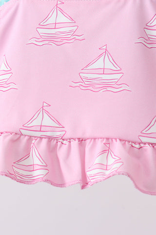 Pink sailboat print ruffle 2pc swimsuit