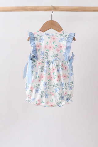 Blue Floral Smocked Ruffle Bubble