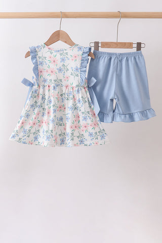 Blue Floral Smocked Ruffle Set
