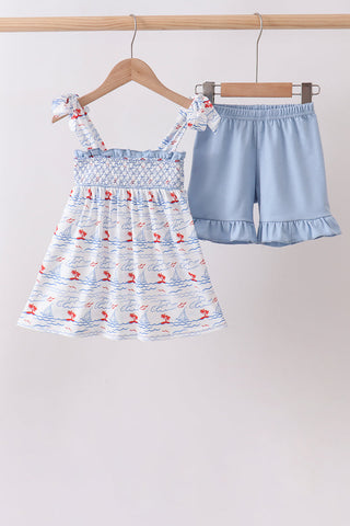 Blue Sailboat Smocked Set