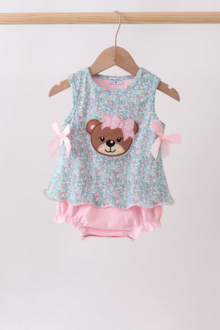 Green Bear Floral Applique Bubble
