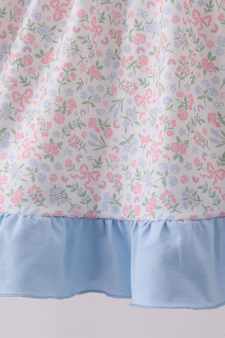 Blue Floral Print Ruffle Dress