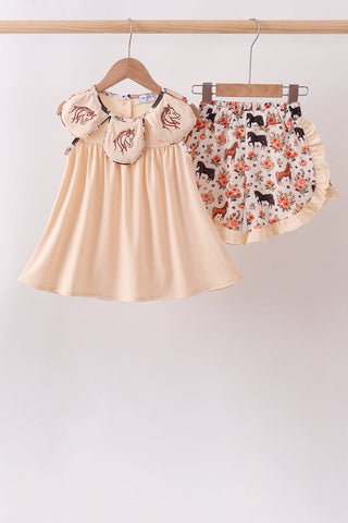 Khaki horse embroidery ruffle shorts set
