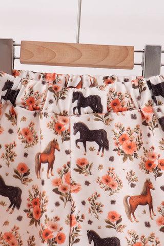 Khaki horse embroidery ruffle shorts set