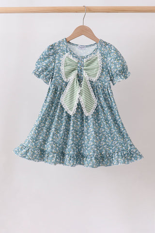 Teal Floral Lace Bow Dress
