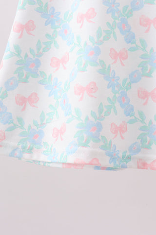 Pink Floral Bow Print Scalloped Shorts Set