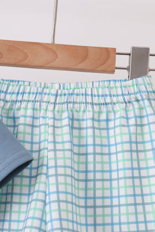 Blue Apple Crayon French Knot Plaid Shorts Set