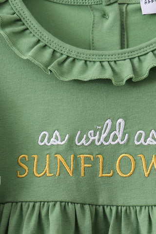 Green Sunflower Applique Ruffle Shorts Set