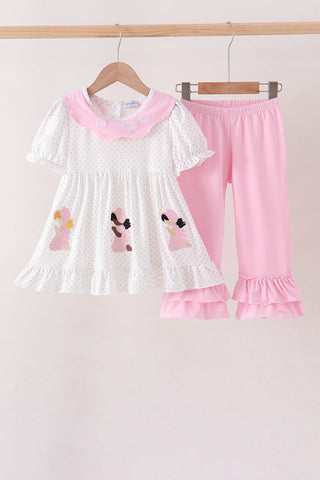 Pink Prayer Embroidery Ruffle Pants Set