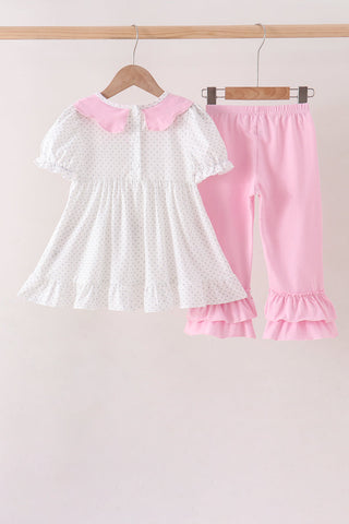 Pink Prayer Embroidery Ruffle Pants Set