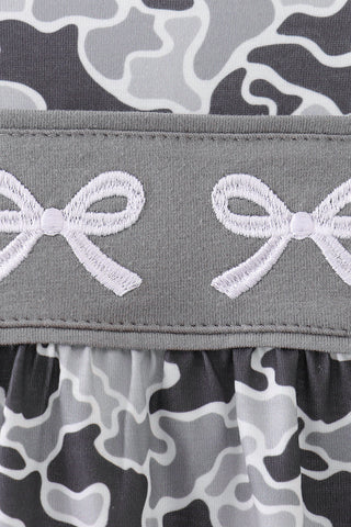 Grey Camouflage Bow Embroidery Ruffle Bubble