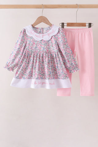 Pink Floral Embroidery Pants Set
