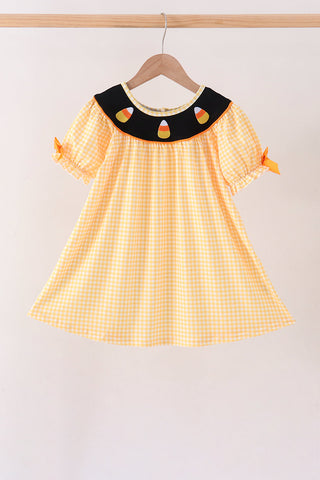 Mustard Candy Embroidery Gingham Dress