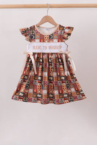 Brown Made to Worship Embroidery Ruffle Dress
