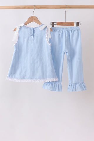 Blue Jacquard Lace Ruffle Pants Set