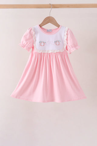 Pink Pumpkin Bow Embroidery Ruffle Dress