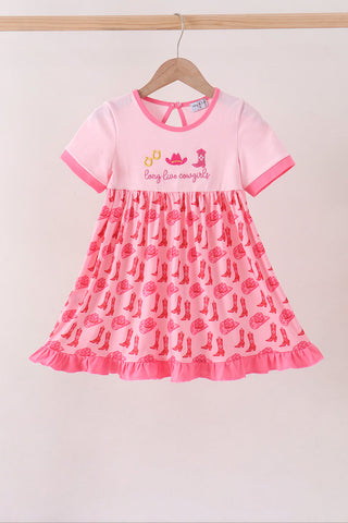 Pink Cowgirl Boots Embroidery Dress