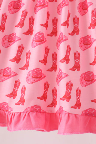 Pink Cowgirl Boots Embroidery Dress