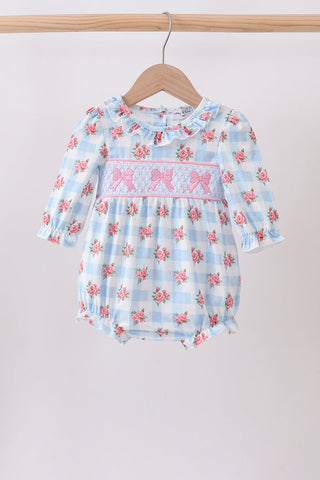 Blue Bow Smocked Floral Gingham Bubble