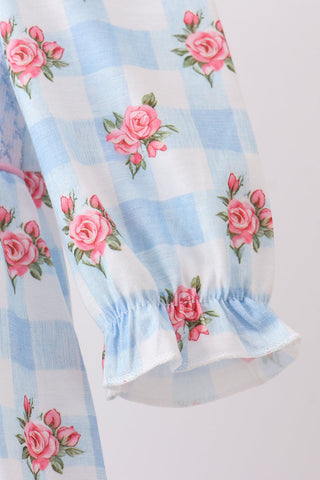 Blue Bow Smocked Floral Gingham Bubble