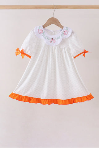 Orange Pumpkin Bow Embroidery Ruffle Dress