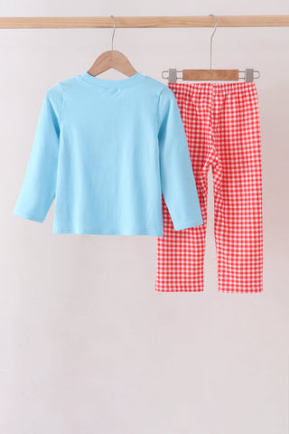 Blue Football Embroidery Gingham Pants Set