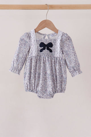 Navy Floral Bow Smocked Bubble