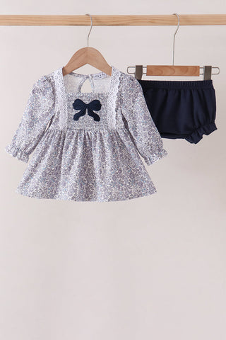 Navy Floral Bow Smocked Bloomer Set