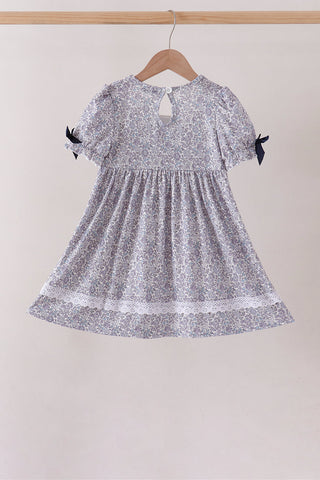 Navy Floral Bow Smocked Dress