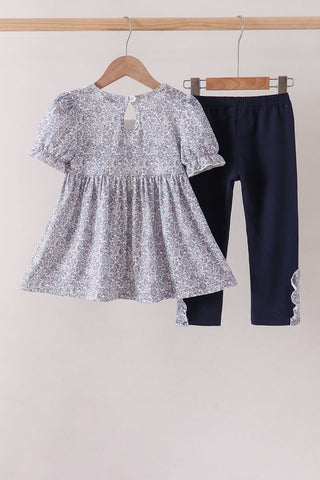 Navy Floral Bow Smocked Pants Set
