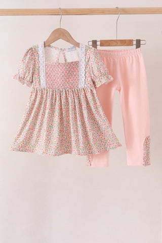 Floral Smocked Lace Pants Set