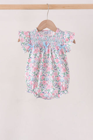Blue Floral Smocked Ruffle Bubble
