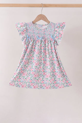 Blue Floral Smocked Ruffle Dress