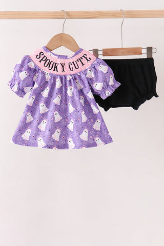 Purple Spooky cute Smocked Bloomer Set