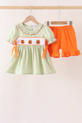 Green Pumpkin Smocked Ruffle Shorts Set