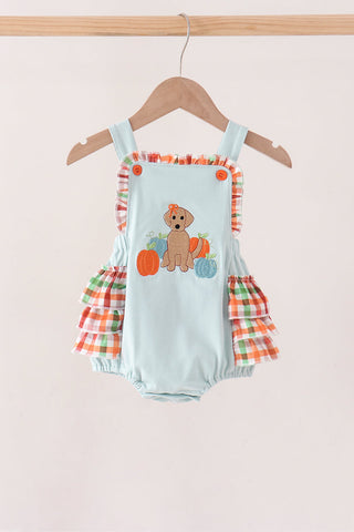 Blue Puppy Pumpkin Embroidery Ruffle Bubble