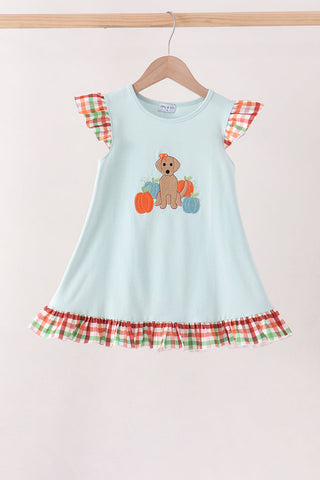 Blue Puppy Pumpkin Embroidery Gingham Ruffle Dress