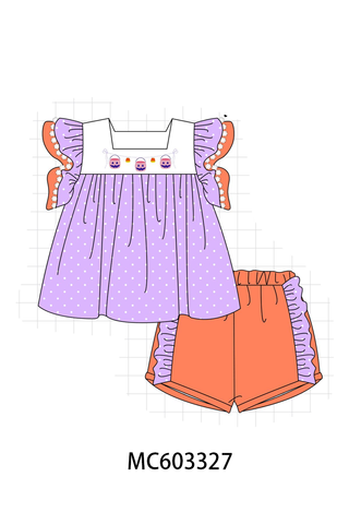 Purple Bucket Candy Embroidery Ruffle Shorts Set