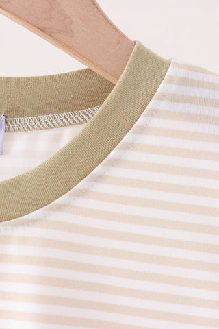 Khaki Pumpkin Embroidery Stripe Top