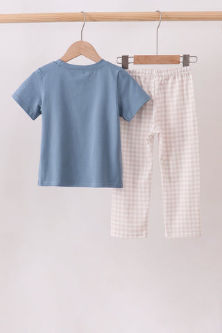 Teal Duck Embroidery Gingham Pants Set