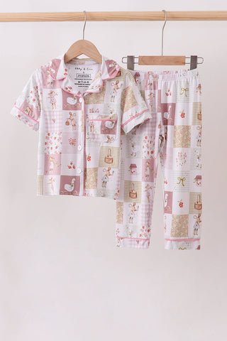Pink Goose Bow Checkered Bamboo Pajama Set