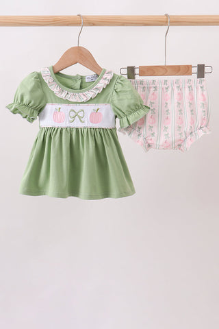 Sage Pumpkin Bow Embroidery Bloomer Set