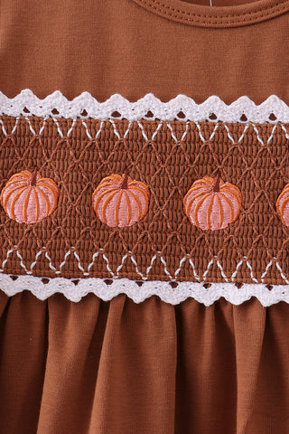Brown Pumpkin Smocked Lace Dress