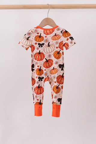 Orange Pumpkin Floral Bow Bamboo Romper