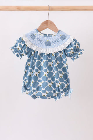 Blue pumpkin bow smocked lace bubble
