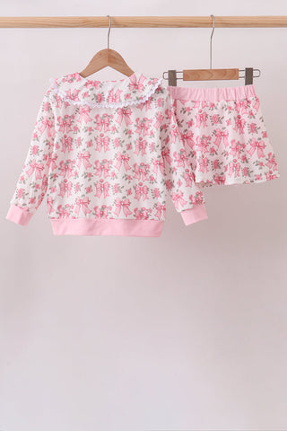 Pink Floral Bow Lace Skorts Set