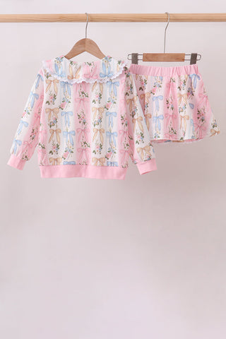 Pink Bow Floral Lace Skorts Set