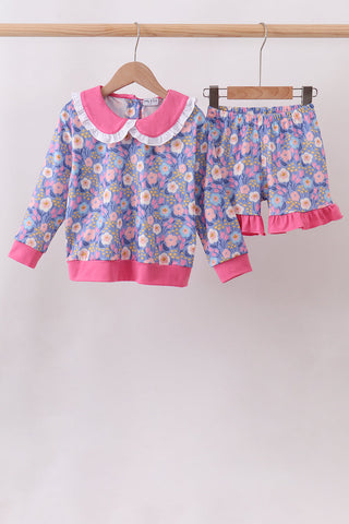 Purple Floral Ruffle Shorts Set