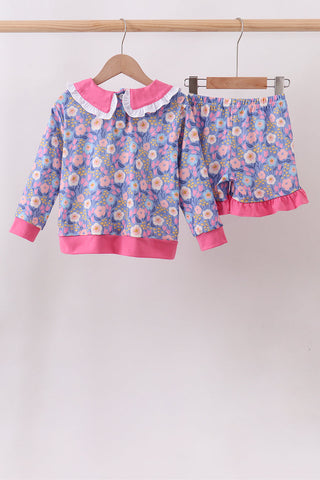 Purple Floral Ruffle Shorts Set