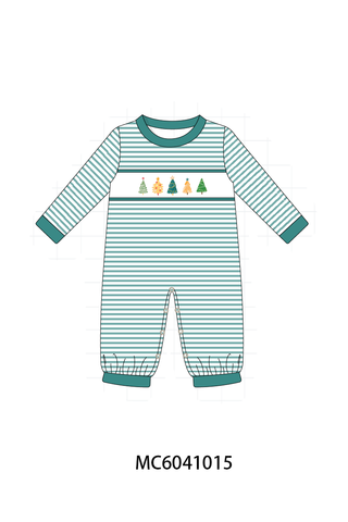 Green Christmas Tree Embroidery Stripe Romper